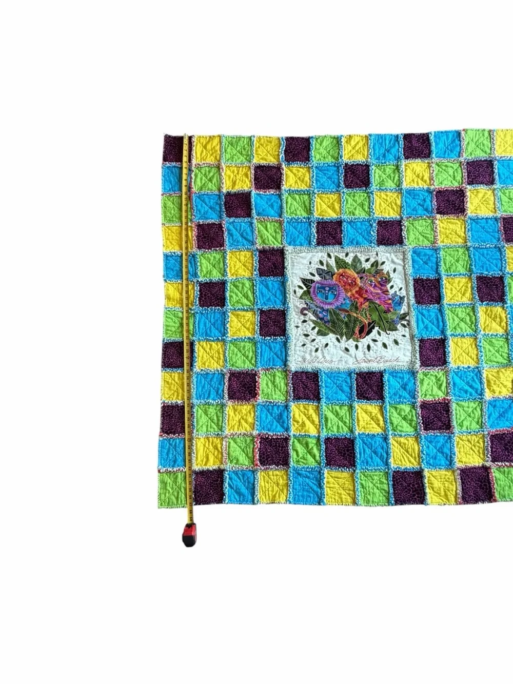 Handmade Laurel Burch “Wild Ones” Rag Quilt Throw 57” x 56” Vintage Cat Art